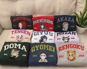Demon Slayer Broderad Sweatshirt, Kokushibo Akaza Muzan Anime Crewneck, Rengoku Giyuu Hashira Stitch Pullover, Manga Fan Gift
