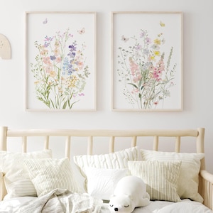 Wilde bloemen en vlinders meisje kinderkamer muur kunst set van 2 bloemenprints voor baby meisje slaapkamer artwork afdrukbare bloemen digitale download