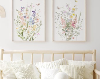 Wildflowers And Butterflies Girl Nursery Wall Art Set Of 2 Floral Prints For Baby Girl Bedroom Artwork Printable Flowers Digital Download