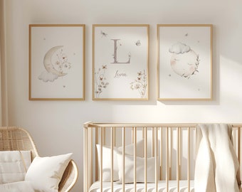 Moon Stars Cloud Nursery Prints: Custom Name Initial Wall Art (Digital Download)