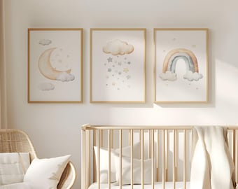 Boho Nursery Prints: Cloud, Moon, Stars Wall Art (Set of 3) (Digital Download)