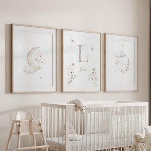 Juego de 3 impresiones de pared con diseño de luna, estrellas y nubes para habitación de bebé, letras y nombres personalizados, decoración para habitación de niña, letrero con inicial personalizado, descarga digital