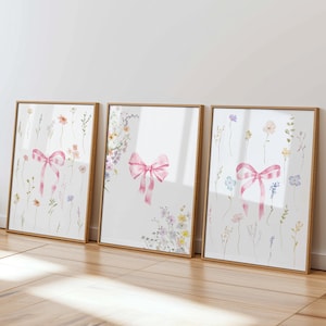 Decoración de guardería con lazo rosa, juego de 3 impresiones de lazos florales para niñas, pósteres estéticos femeninos con arte de flores lindas para habitación de niñas