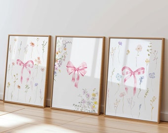 Roze strik kinderkamerdecoratie meisjes bloemen strik muur kunst set van 3 flirt strik prints voor kleine meisjes kamer schattige bloemen kunst girly esthetische posters