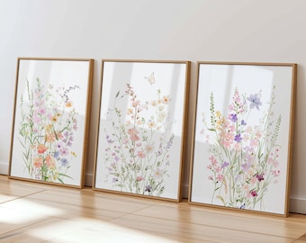 パステルカラーのワイルドフラワー保育園プリント：花柄ウォールアート3点セット（デジタルダウンロード）