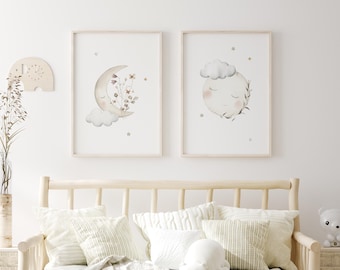 Neutral Moon And Stars Nursery Decor Cloud Baby Room Wall Art Set Of 3 Celestial Kids Room Prints Gray And Beige Art Digital Download