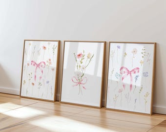 Girly Flower Bow Wall Art Set - Preppy Teen Girl Bedroom Prints - Pink Aesthetic Dorm Room Posters