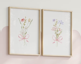 Flowers Bow Wall Prints Coquette Teen Girls Room Wall Art Set Of 2 Cute Floral Bow Posters for Little Girl Bedroom Aesthetic Art Digital