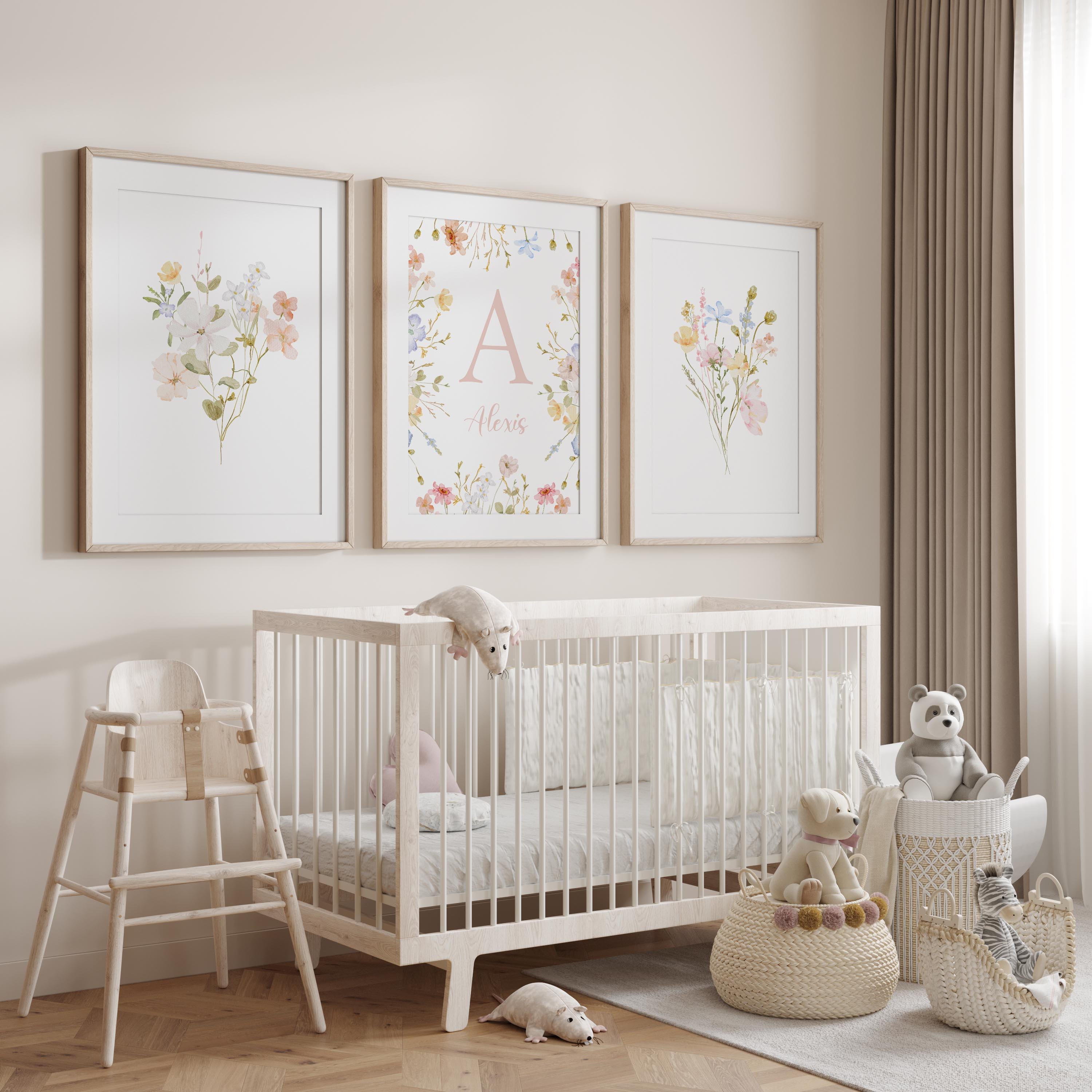 Personalized Floral Initial Watercolor Print Set: Baby Girl Nursery ...