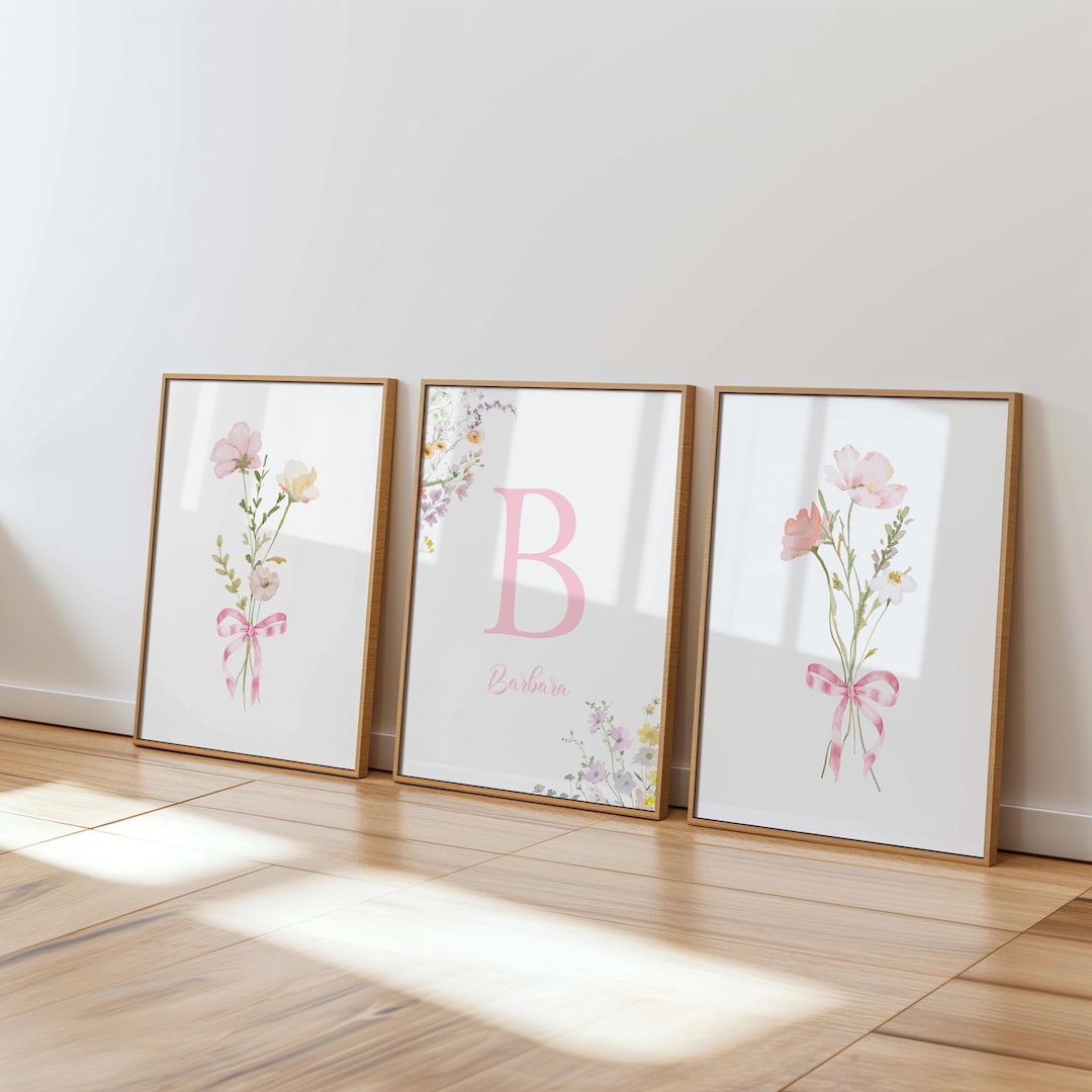 Personalized Girl Nursery Decor: Floral Initial Name Art Set (digital ...