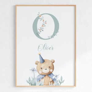 Impresión personalizada de osito de peluche para guardería, regalo para bebé niño, letrero con nombre personalizado para recién nacido, regalo con letra y nombre, póster, decoración de habitación de bebé estilo bosque