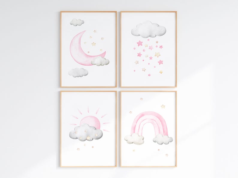 Light Pink Cloud Moon Stars Nursery Decor Baby Girl Wall Art Set of 4 ...