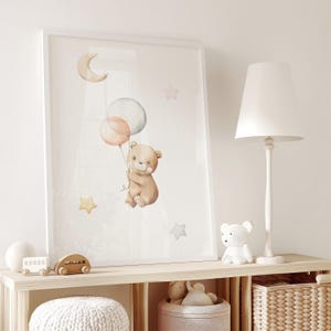 Teddy Bär Kinderzimmer Druck Mond und Sterne Dekor Baby Tier mit Ballon Poster Aquarell Kinder Zimmer Kunst Digitaler Download Kunstwerk