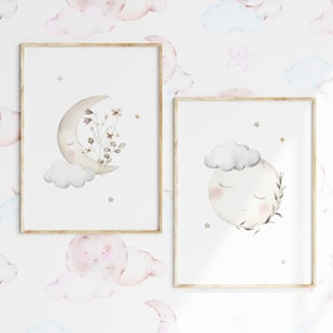 Decoración de habitación infantil con luna y estrellas: Láminas celestiales beige (descarga digital) imagen 4