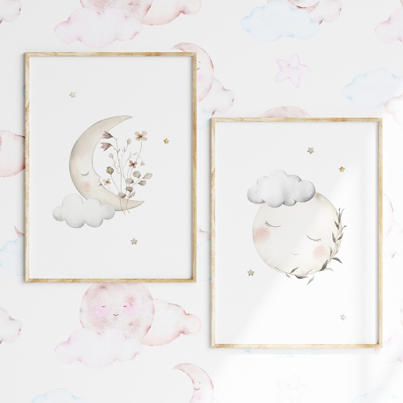 Decoración de habitación infantil con luna y estrellas: Láminas celestiales beige (descarga digital) imagen 4