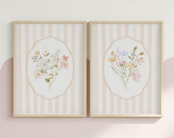 Pastel Floral Wall Art for Girl Bedroom Prints Above Bed Set of 2 Soft Beige Flowers Wall Decor for Girls Room Vintage Style Cottage Art