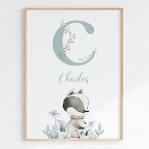 Impresión personalizada de inicial de bebé para guardería, letra personalizada con nombre, letrero, arte de pared de mapache, regalo para habitación de bebé, póster de descarga digital