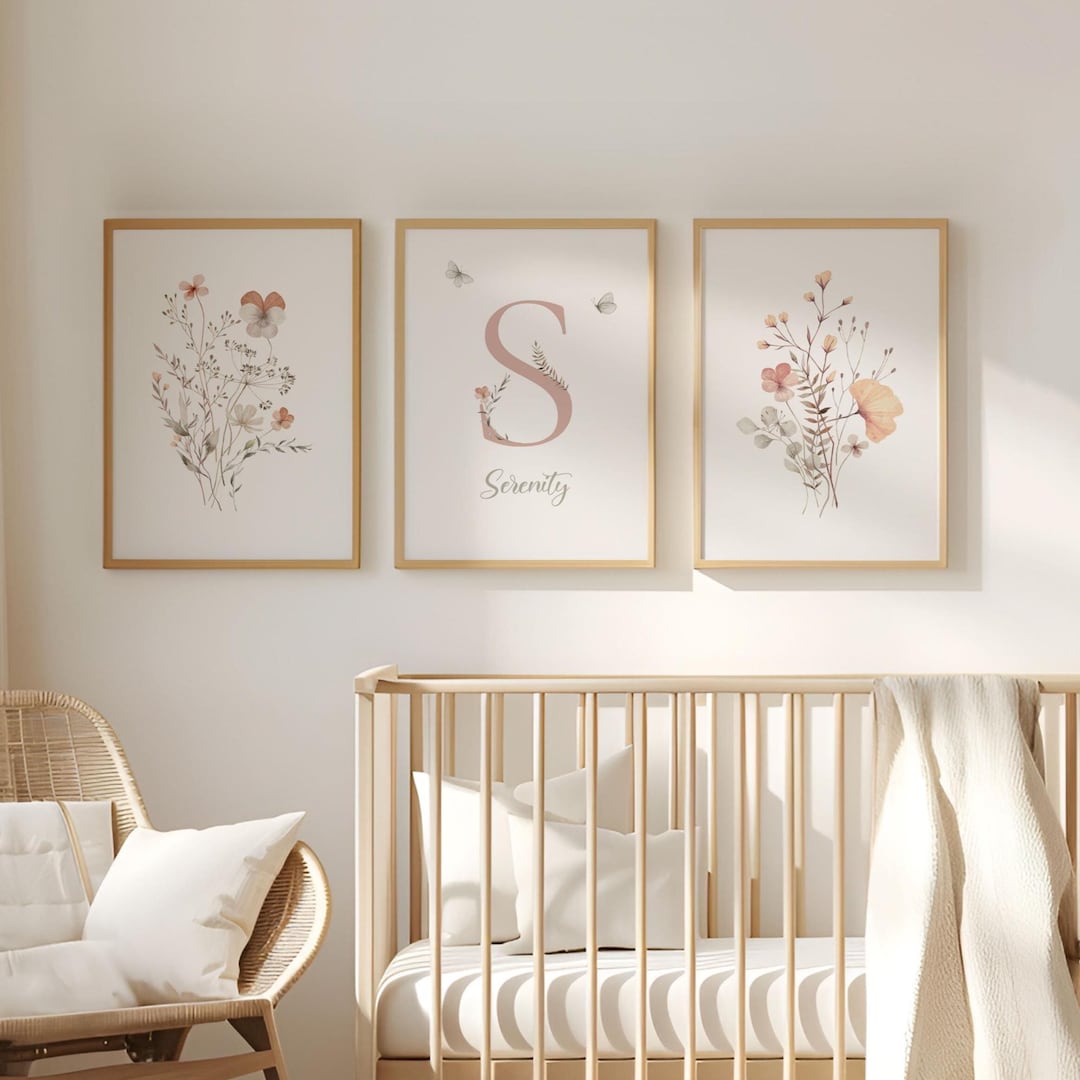 Custom Girl Name Wall Art Flowers With Butterflies Nursery Decor Set of ...