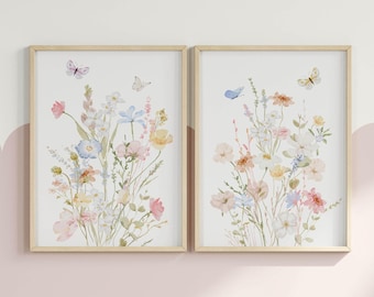 Nursery Floral Decor For Little Girls Room Butterfly Prints Set Of 2 Whimsical Flower Nursery Garden Wall Art Toddler Girl Gift Download Art