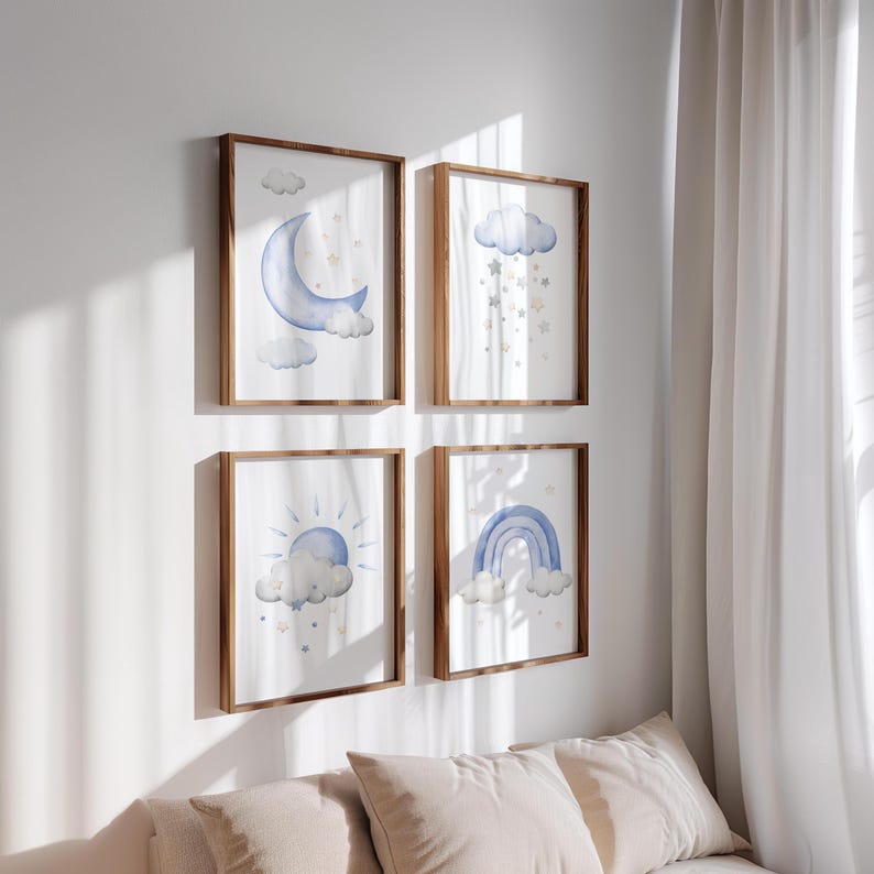 Sun Moon and Stars Nursery Boy Decor Blue Cloud Theme Nursery Wall Art ...