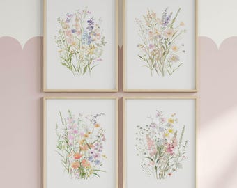 Pastel Wildflower Prints, Set of 4, Girls Room Decor (Digital Download)