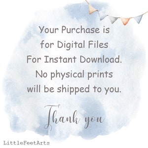 Puede incluir: Un fondo de acuarela con un esquema de color azul y blanco. El texto "Your Purchase is for Digital Files For Instant Download. No physical prints will be shipped to you. Thank you" est&aacute; escrito en texto gris. Una cadena de banderas coloridas est&aacute; en la parte superior de la imagen.