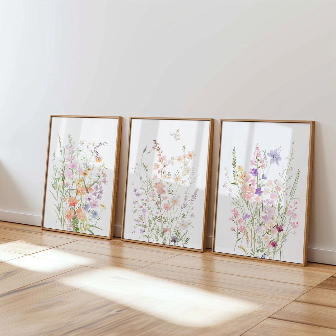 Pastel Wildflower Nursery Prints: Set of 3 Floral Wall Art (digital ...