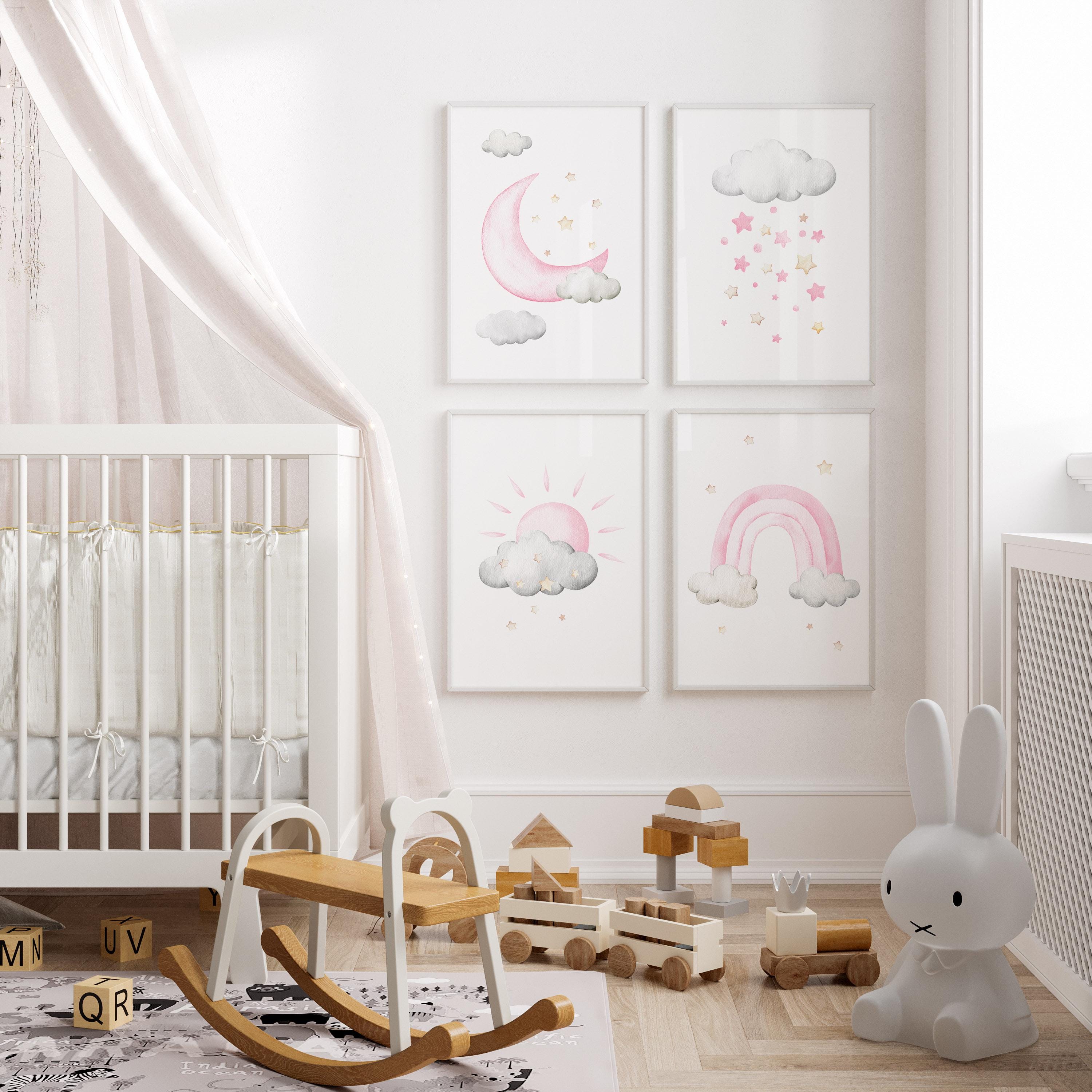 Light Pink Cloud Moon Stars Nursery Decor Baby Girl Wall Art Set of 4 ...