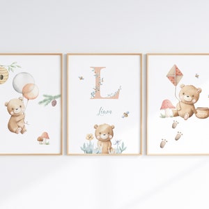Decoración de habitación infantil con forma de hongo y osito de peluche, letrero personalizado con nombre y letras sobre la cuna, arte de pared con temática de bosque, juego de 3, regalos para recién nacidos.