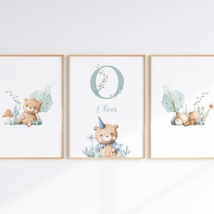 Arte de pared con nombre de bebé niño, osito de peluche, impresión de guardería, letrero con nombre inicial personalizado, decoración para habitación de recién nacido, arte con letras digitales, regalo personalizado para bebé