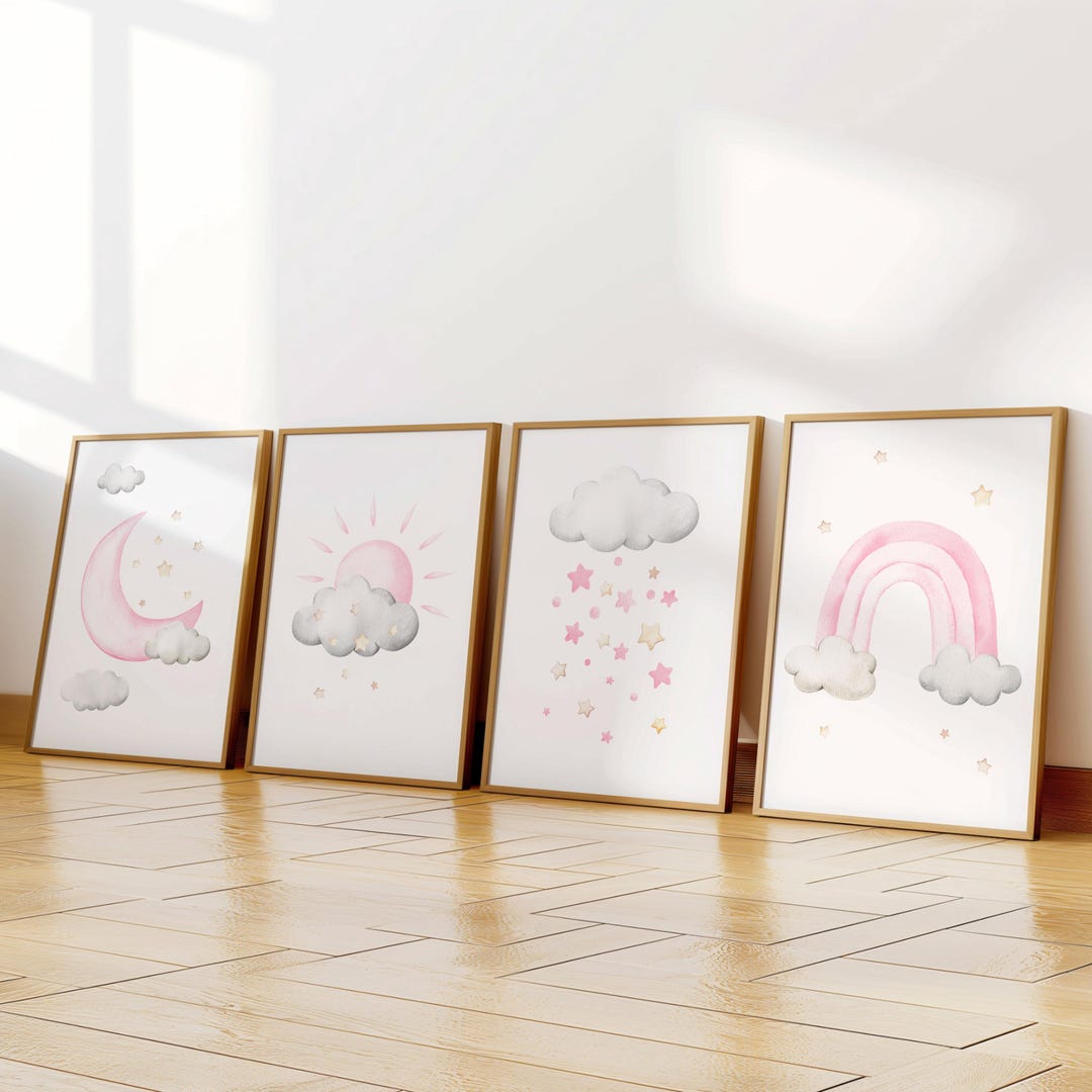 Light Pink Cloud Moon Stars Nursery Decor Baby Girl Wall Art Set of 4 ...