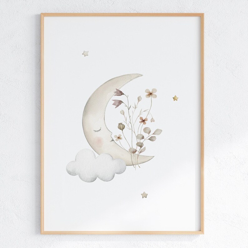 Decoración de habitación infantil con luna y estrellas: Láminas celestiales beige (descarga digital) imagen 5