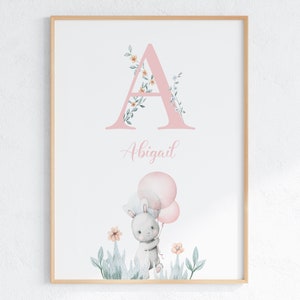 Letra personalizada e placa com nome para berçário de menina, estampa de coelho, presente personalizado para bebê, impressão de flor inicial, arte de parede para download
