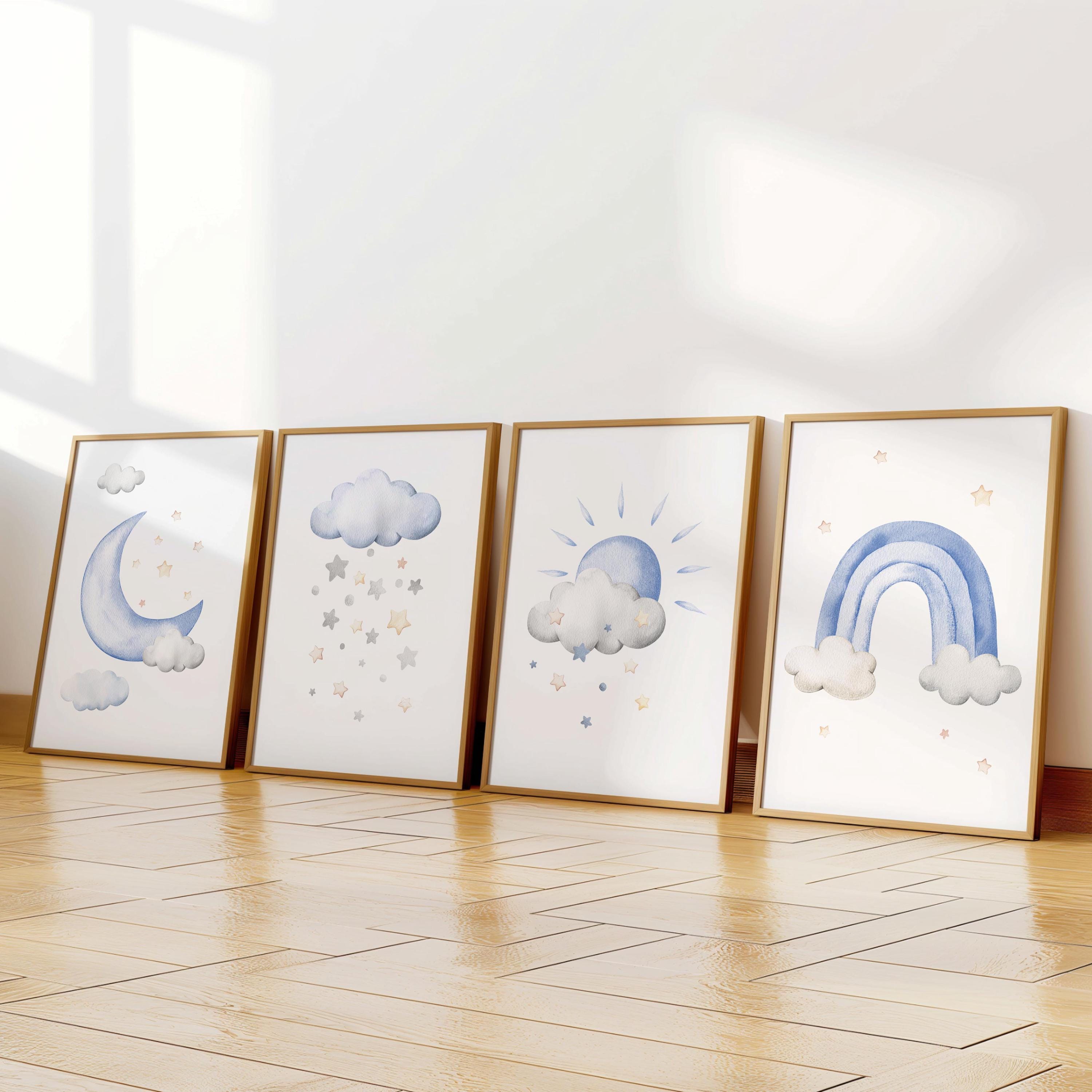 Sun Moon and Stars Nursery Boy Decor Blue Cloud Theme Nursery Wall Art ...