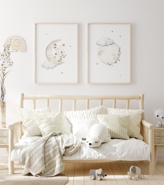 Moon and Stars Nursery Decor: Beige Celestial Prints (Digital Download)