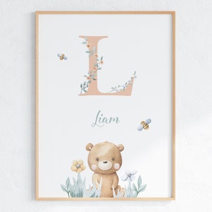 Regalo personalizado, letrero con nombre para habitación de recién nacido, impresión de osito de peluche, póster personalizado con letras de bebé, arte de pared, letrero con inicial imprimible digital