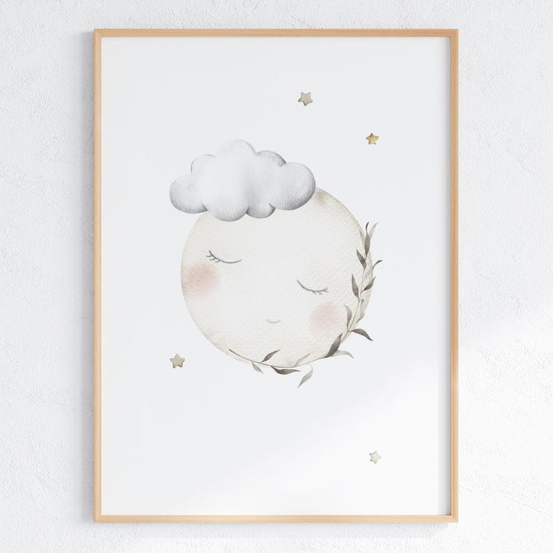 Decoración de habitación infantil con luna y estrellas: Láminas celestiales beige (descarga digital) imagen 6