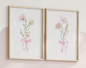 Trendy Floral Bow Art Set of 2 Pink Posters for Teenage Girl Bedroom, Coquette Preppy Prints, Dorm Room Decor