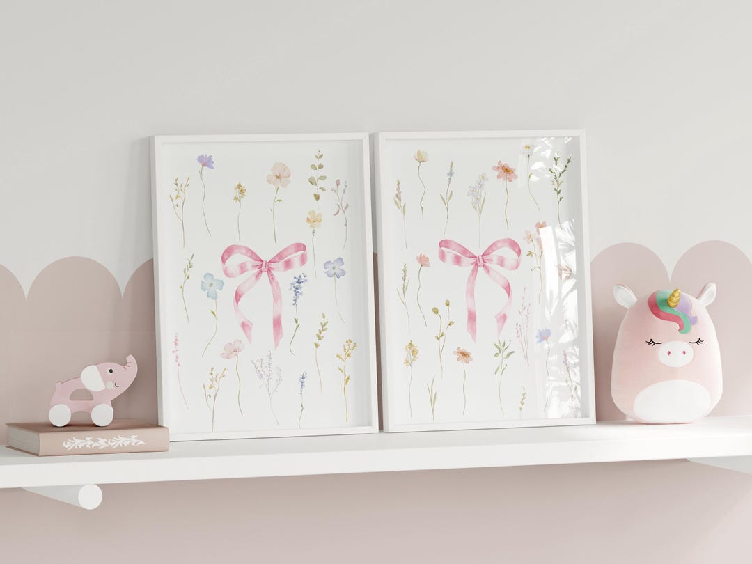 Baby Girl Bow Decor Girl Nursery Floral Bow Wall Art Set of 2 Pink ...