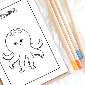 Op de afbeelding: Een kleurplaat met het woord "Octopus" boven een cartoon illustratie van een octopus. De octopus lacht en heeft acht tentakels. Vier kleurpotloden met gele, oranje, blauwe en rode punten liggen naast het boek.