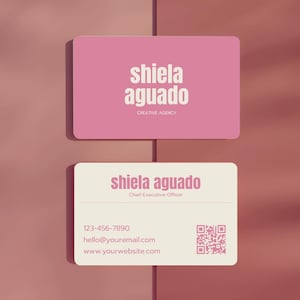 de Carte de visite rose élégant | Carte de visite modifiable avec Canvas | Carte de visite avec code QR | Design simple de carte de visite rose D03
