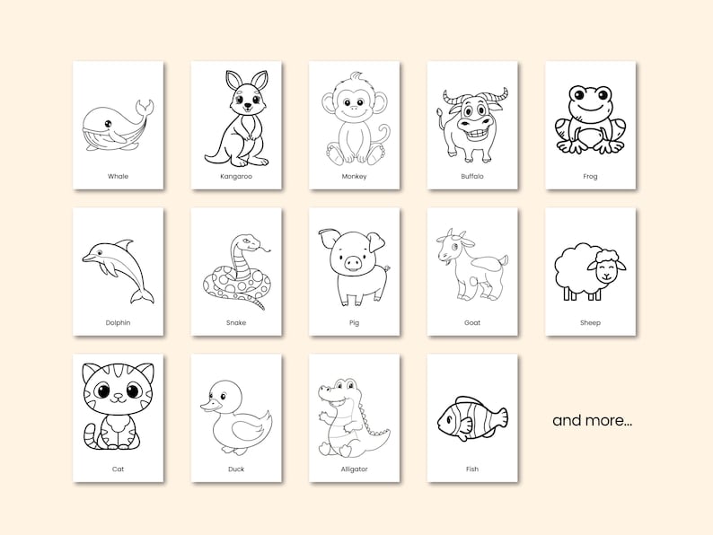 May include: A collection of white cards featuring black and white illustrations of various animals, including a whale, kangaroo, monkey, buffalo, and frog. Each card has the animal's name printed below the image.