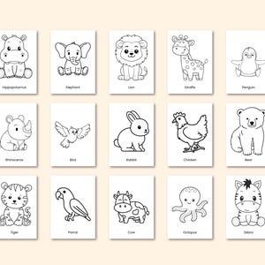 May include: A collection of 15 black and white animal illustrations on individual cards. Each card features a different animal, including a hippo, elephant, lion, giraffe, penguin, rhinoceros, bird, rabbit, chicken, bear, tiger, parrot, cow, octopus, and zebra.