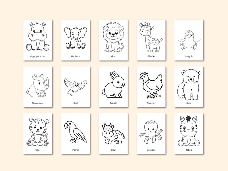 May include: A collection of 15 black and white animal illustrations on individual cards. Each card features a different animal, including a hippo, elephant, lion, giraffe, penguin, rhinoceros, bird, rabbit, chicken, bear, tiger, parrot, cow, octopus, and zebra.
