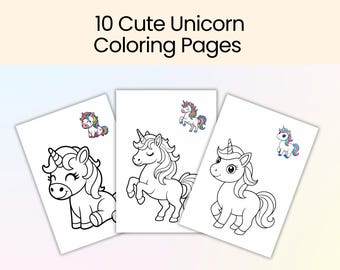 10 adorables dibujos de unicornios para colorear con guía de colores: Hojas mágicas para colorear para niños / Hojas de actividades de unicornios de fantasía / Descarga instantánea