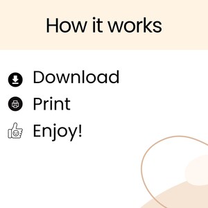Op de afbeelding: Een afbeelding met de tekst "How it works" bovenaan. Hieronder staan de stappen: Downloaden, Afdrukken en Genieten! Elke stap heeft een bijbehorend pictogram: een pijl naar beneden, een printer en een duim omhoog.