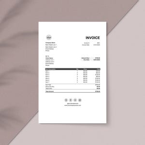 Könnte beinhalten: Eine weiße Rechnung mit schwarzem Text, einschließlich des Wortes "INVOICE" oben. Das Dokument listet Artikelbeschreibungen, Mengen, Preise und Summen auf. Der Gesamtbetrag beträgt 750,00 €. Die Rechnung enthält auch ein Firmenlogo und Kontaktinformationen.