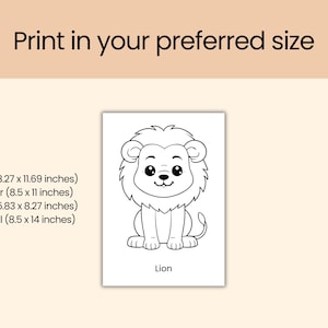 May include: A black and white illustration of a cartoon lion. The image includes the text "Print in your preferred size" and size options in inches: A4 (8.27 x 11.69), Letter (8.5 x 11), A5 (5.83 x 8.27), and Legal (8.5 x 14).