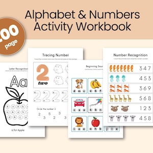 Può includere: Un quaderno di esercizi Alphabet & Numbers Activity Workbook da 200 pagine con schede didattiche per il riconoscimento delle lettere, il tracciamento dei numeri e esercizi sui suoni iniziali, con illustrazioni in bianco e nero di animali e oggetti.