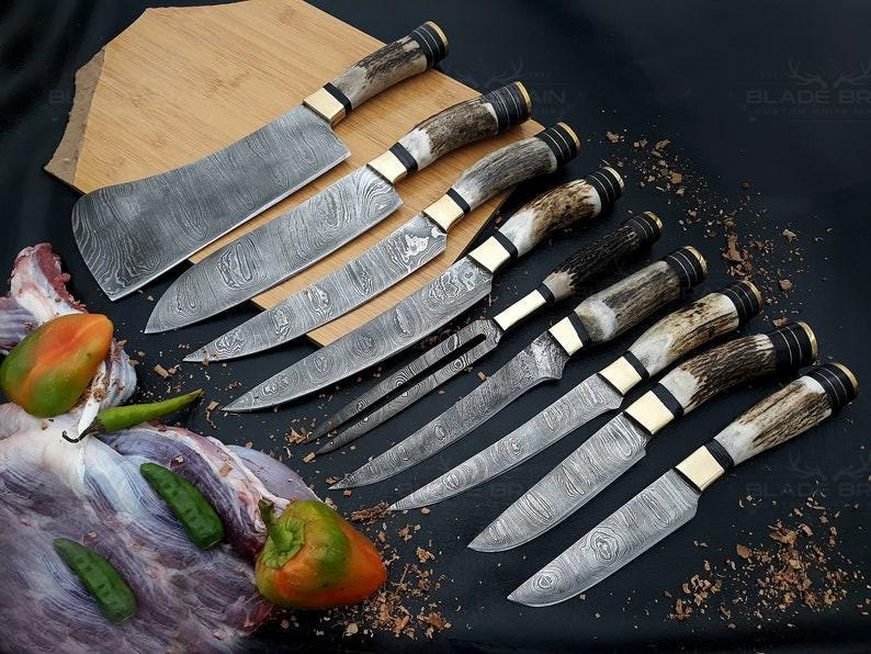 Handmade Damascus Steel Hunting Knife Set – 20 Pieces With Antler Handles & Sheath – EH KNIVES